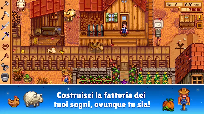 Fattoria con edifici e animali in Stardew Valley